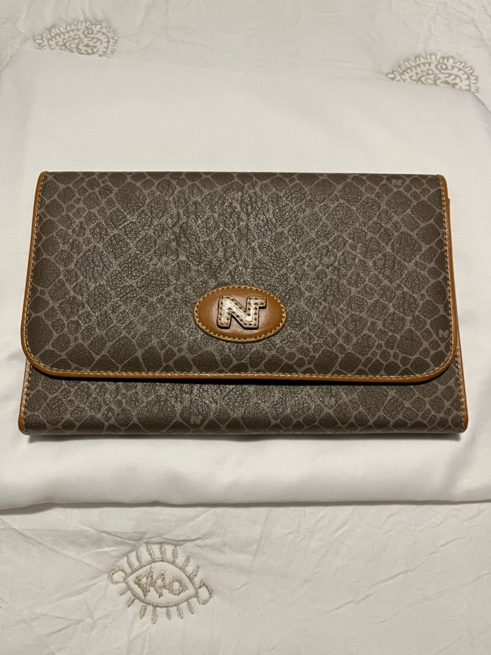 Nina Ricci Brown Patterned Clutch with Tan Trim
